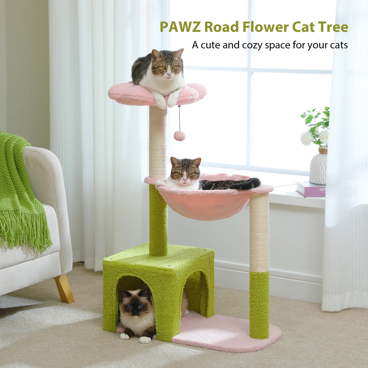 Arbre à chat fleuri avec grand hamac à cadre métallique, poteaux à griffer en sisal et perchoir rose – tour à chat stable, facile à nettoyer, avec condo spacieux à deux portes, idéal pour petits chats en intérieur.