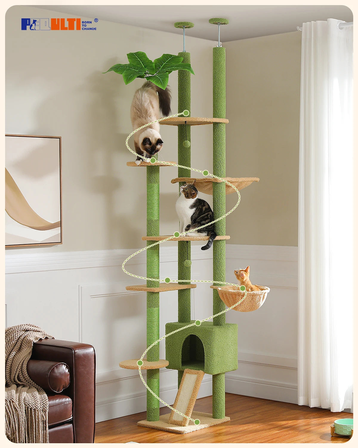 Arbre à chat Cactus réglable en hauteur, du sol au plafond, avec niche, hamac confortable et griffoirs – Arbre d'activité d'intérieur multi-chats peu encombrant