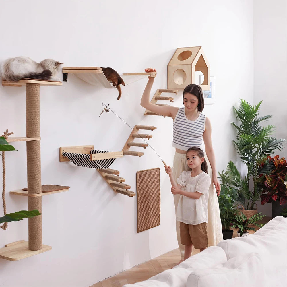 Étagère murale d’escalade pour chat avec échelle, marches, poteau à griffer en sisal, lit douillet et cachette – Tour d’arbre à chat modulaire d’intérieur et accessoires de mobilier pour animaux