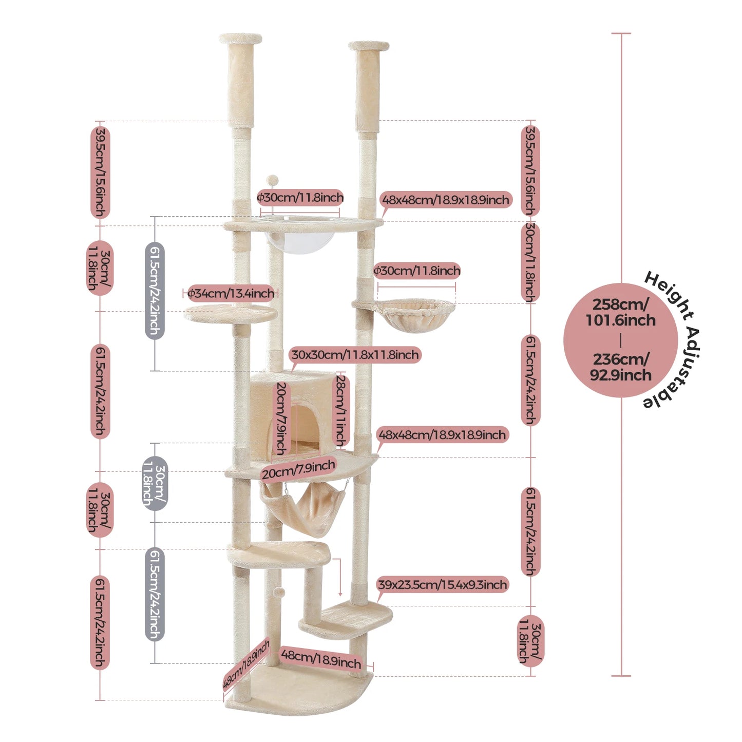 Arbre à chat réglable du sol au plafond avec 9 poteaux à griffer en sisal, condo douillet, hamac en peluche, perchoirs et balle à ressort – grand centre d’activité vertical multi-chats idéal pour les grandes famille