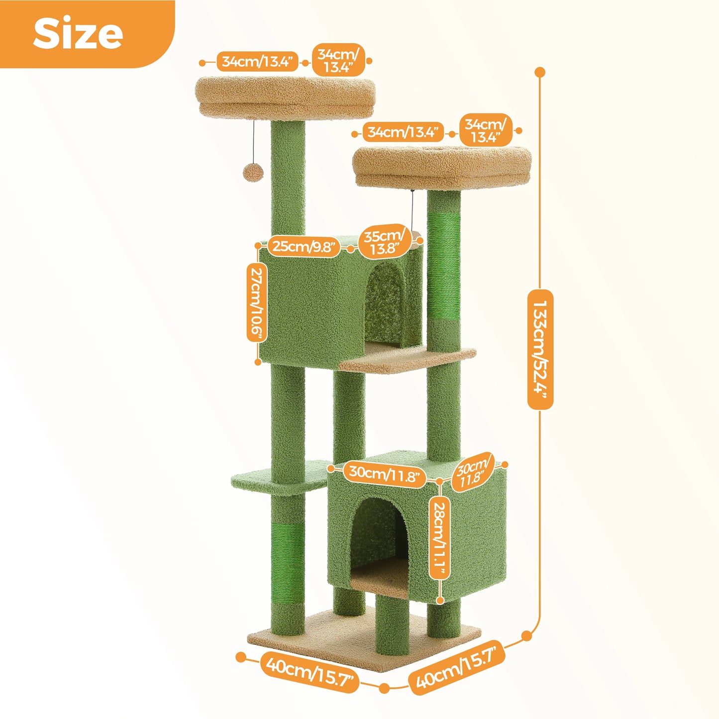 Arbre à chat cactus de 133 cm pour chats d’intérieur avec 2 perchoirs rembourrés, 2 condos douillets, 2 poteaux à griffer en sisal et pompons suspendus remplaçables – aire de jeux multi-chats peu encombrante.