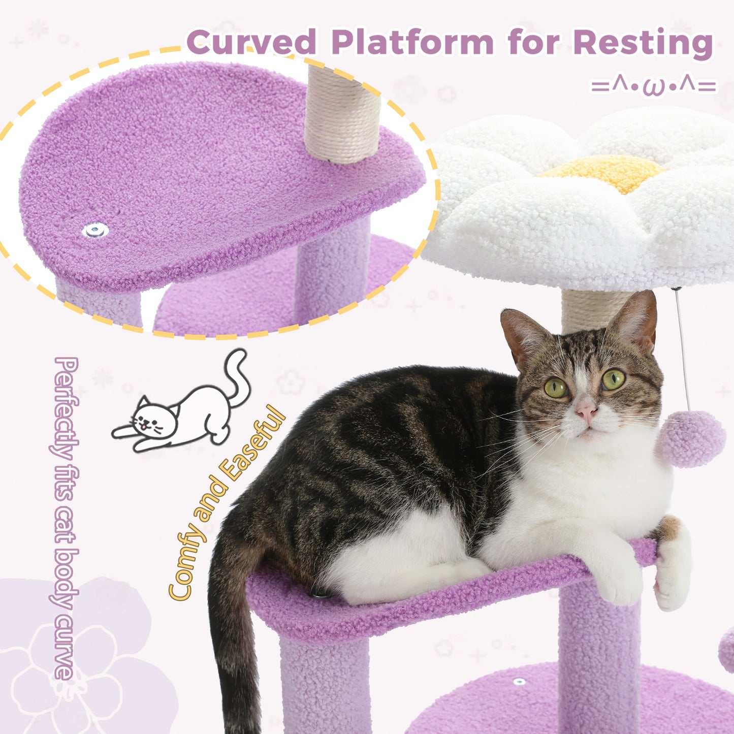 Arbre à chat cactus durable avec perchoir courbe, condo douillet, lit supérieur amovible, poteau à griffer en sisal naturel, tour pour chat d'intérieur.