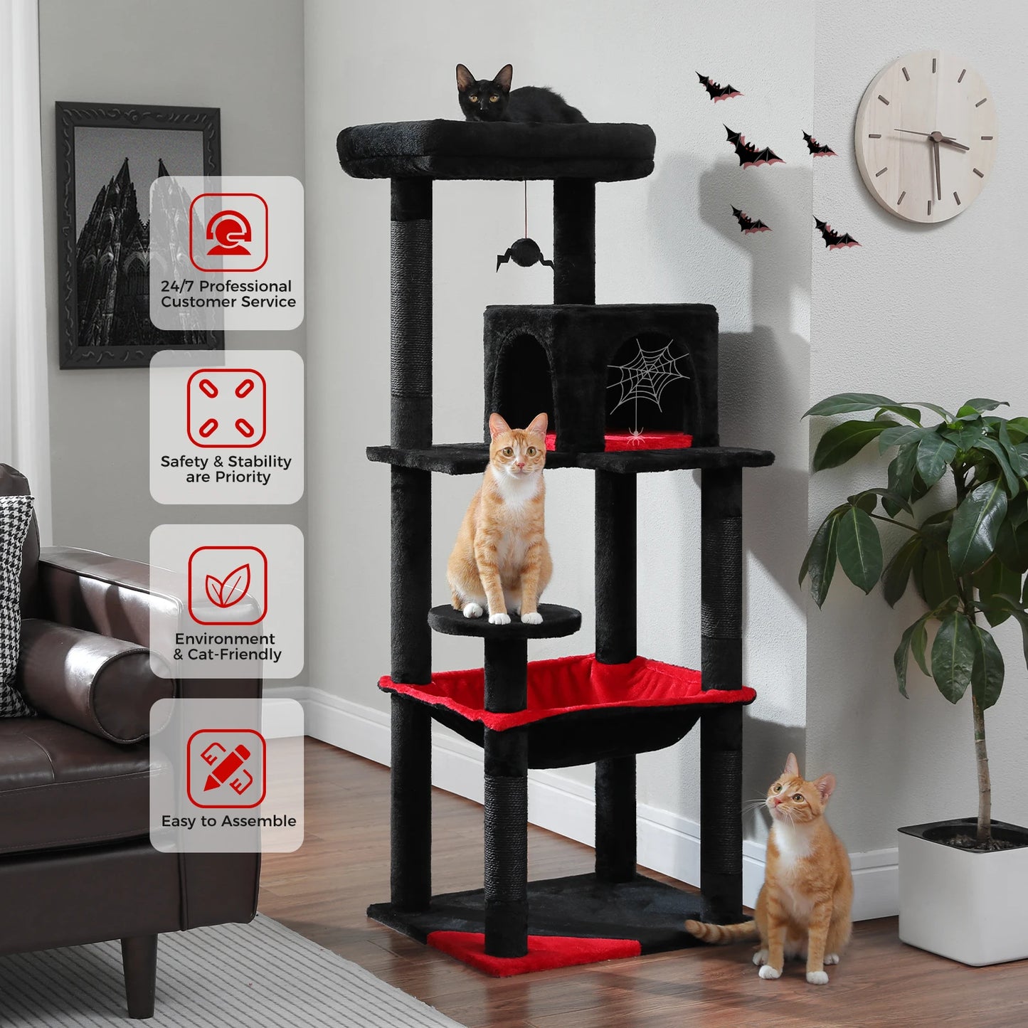Gratte-ciel pour chats de style gothique avec hamac extra grand, poteau à griffer recouvert de sisal, condo confortable et perchoir supérieur en peluche – aire de jeux intérieure pour chats peu encombrante.