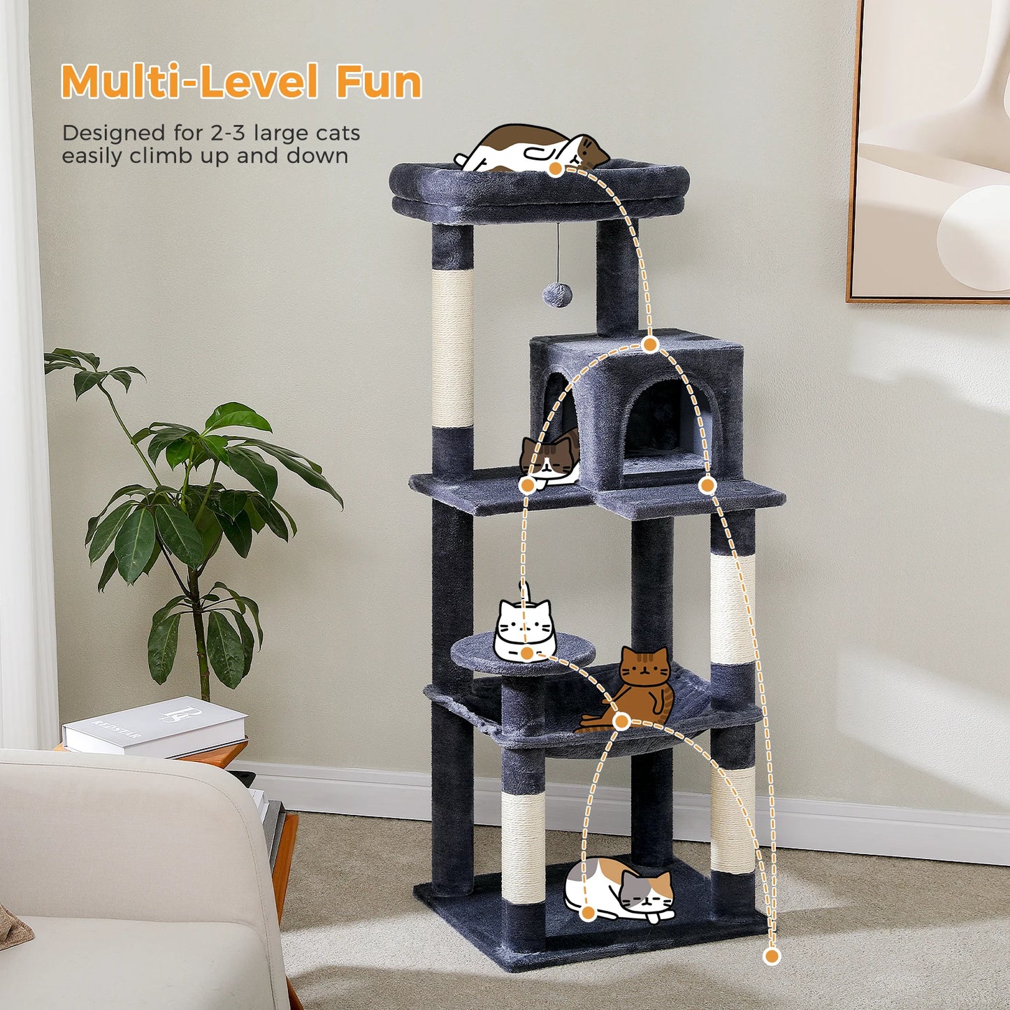 Tour d'arbre à chat à 5 niveaux pour grands chats avec hamac extra-large, niche confortable, poteaux à griffer en sisal et perchoir moelleux – Centre d'activités d'intérieur adapté aux chats lourds