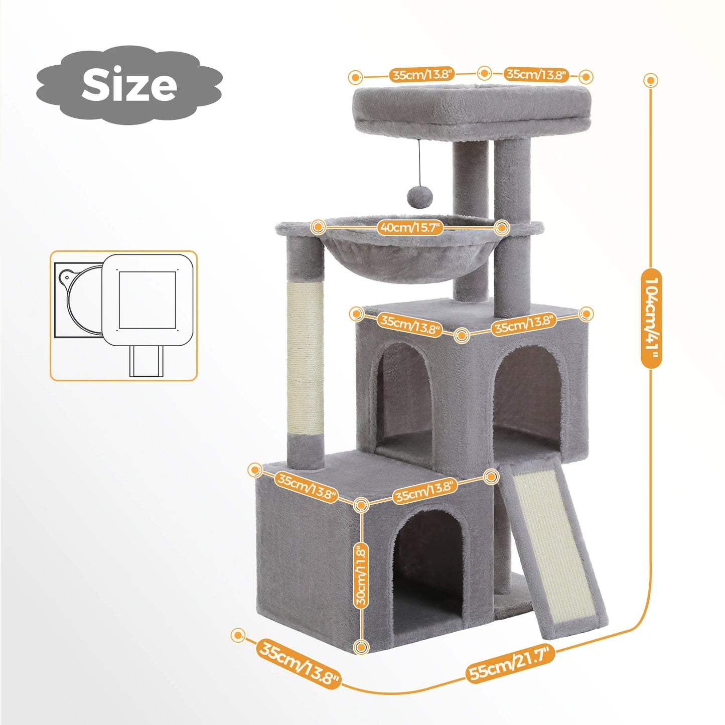Arbre à chat de luxe tout-en-un avec 2 condos spacieux, grand hamac, perchoir rembourré, poteaux à griffer et rampe – Centre robuste de jeu et de repos multi-chats pour gros chats avec sangle de sécurité.