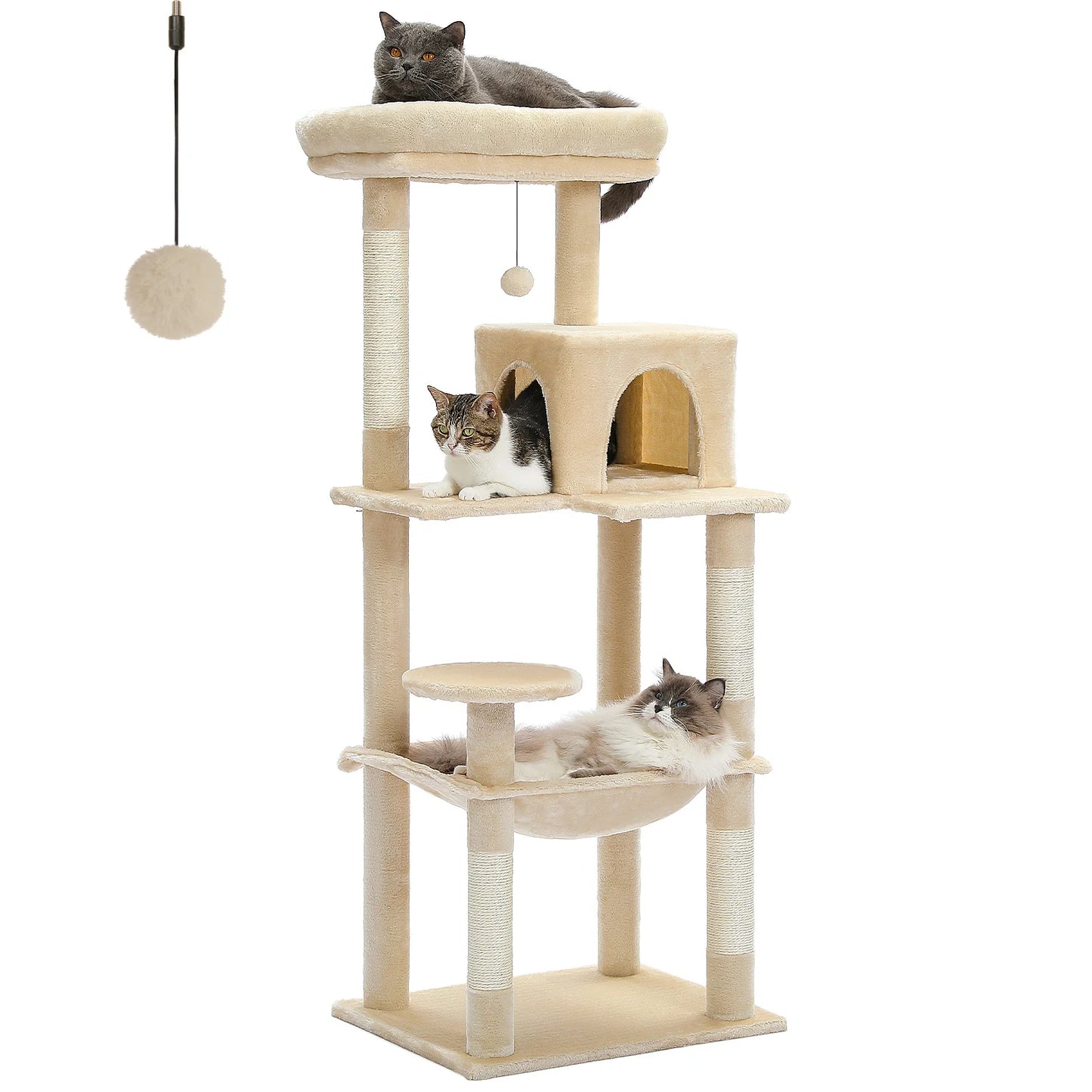 Tour d'arbre à chat à 5 niveaux pour grands chats avec hamac extra-large, niche confortable, poteaux à griffer en sisal et perchoir moelleux – Centre d'activités d'intérieur adapté aux chats lourds