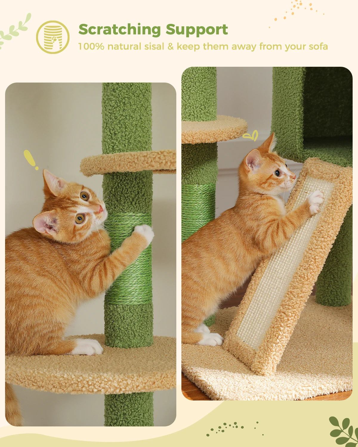 Arbre à chat Cactus réglable en hauteur, du sol au plafond, avec niche, hamac confortable et griffoirs – Arbre d'activité d'intérieur multi-chats peu encombrant