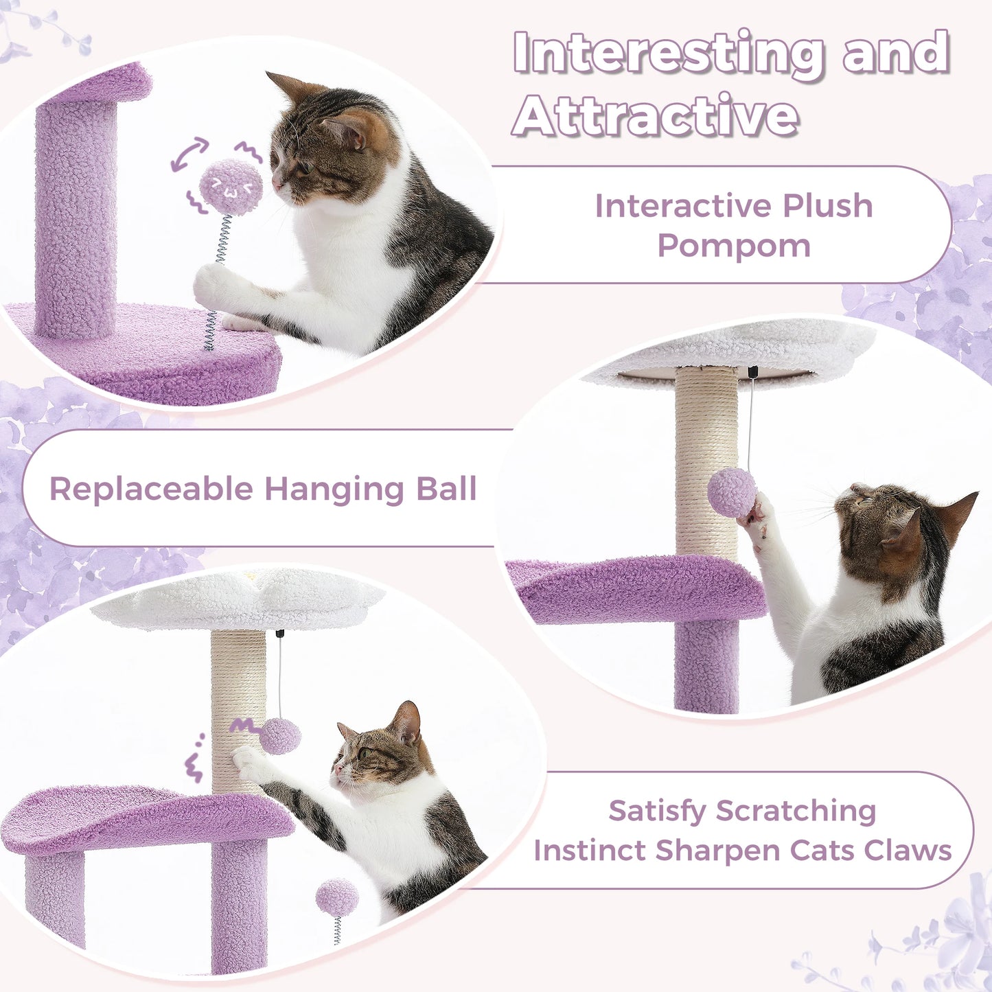 Arbre à chat cactus durable avec perchoir courbe, condo douillet, lit supérieur amovible, poteau à griffer en sisal naturel, tour pour chat d'intérieur.