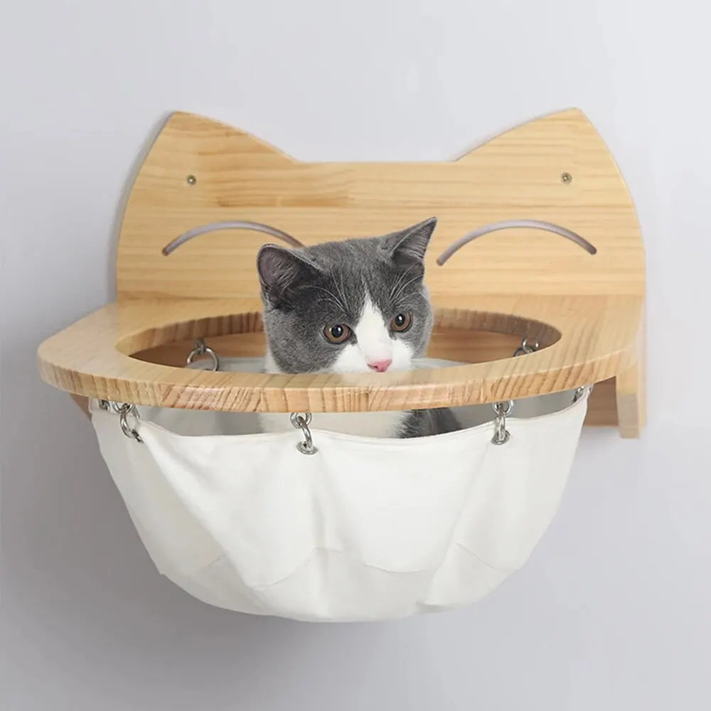 Arbre à chat en bois mural avec perchoirs flottants, poteaux à griffer en sisal, hamac, marches et échelle – Aire de jeux verticale pour chat peu encombrante