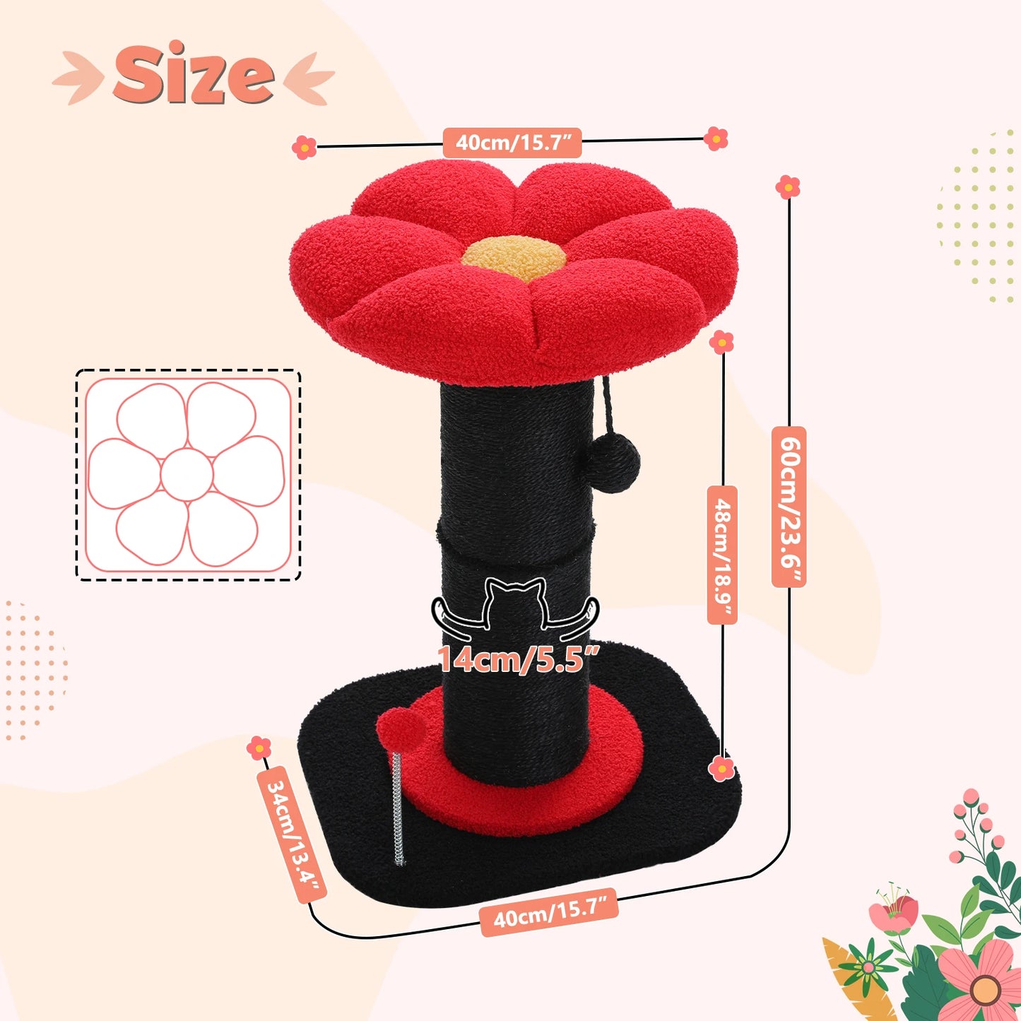 Arbre à chat fleur rose avec poteau à griffer en sisal naturel super épais, perchoir stable intérieur avec tapis et boules interactives.
