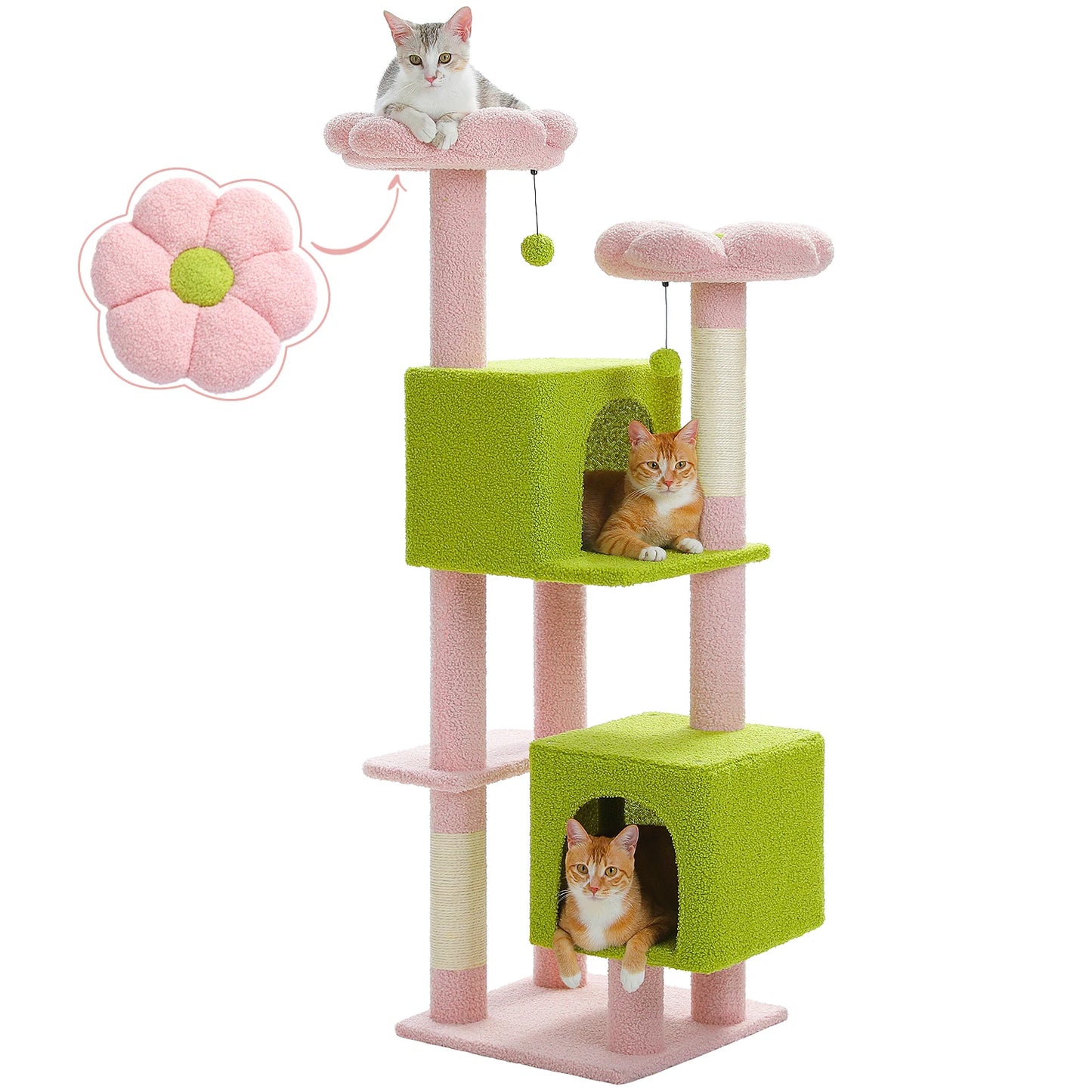 Arbre à chat cactus de 133 cm pour chats d’intérieur avec 2 perchoirs rembourrés, 2 condos douillets, 2 poteaux à griffer en sisal et pompons suspendus remplaçables – aire de jeux multi-chats peu encombrante.