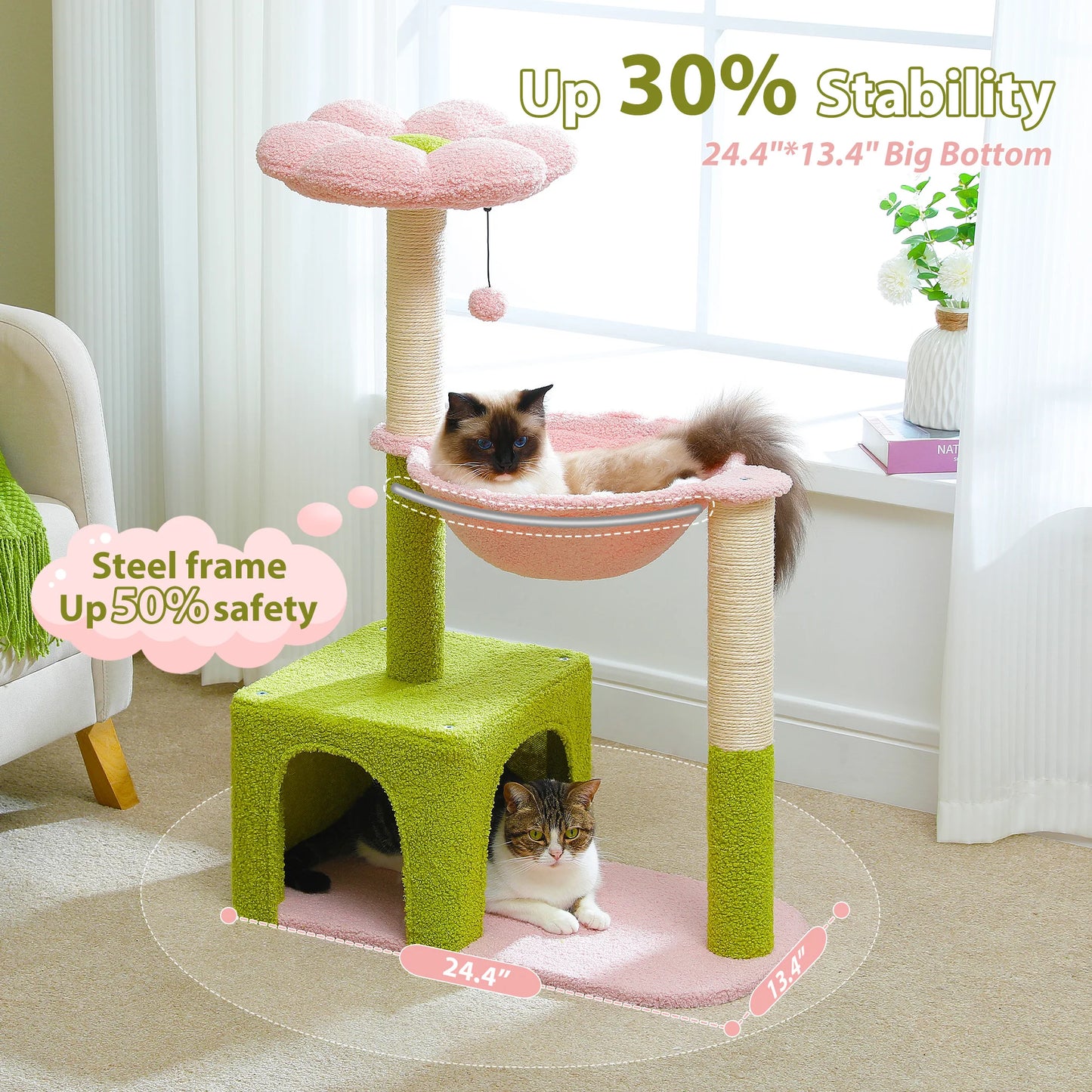 Arbre à chat fleuri avec grand hamac à cadre métallique, poteaux à griffer en sisal et perchoir rose – tour à chat stable, facile à nettoyer, avec condo spacieux à deux portes, idéal pour petits chats en intérieur.