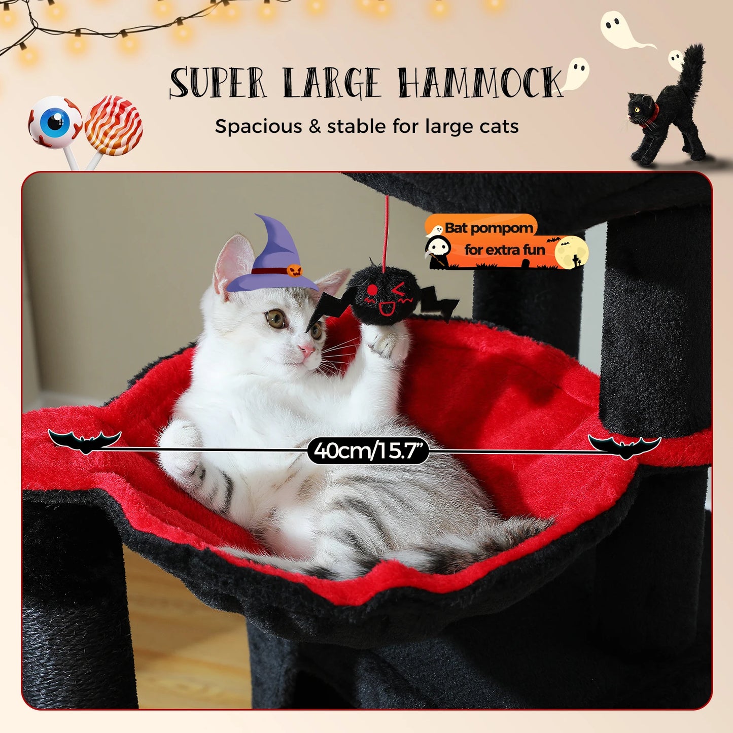 Arbre à chat de luxe tout-en-un avec 2 condos spacieux, grand hamac, perchoir rembourré, poteaux à griffer et rampe – Centre robuste de jeu et de repos multi-chats pour gros chats avec sangle de sécurité.
