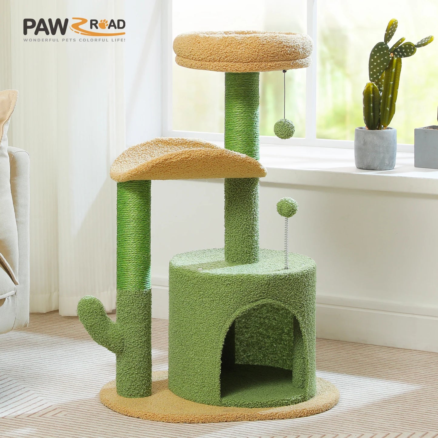Arbre à chat cactus durable avec perchoir courbe, condo douillet, lit supérieur amovible, poteau à griffer en sisal naturel, tour pour chat d'intérieur.
