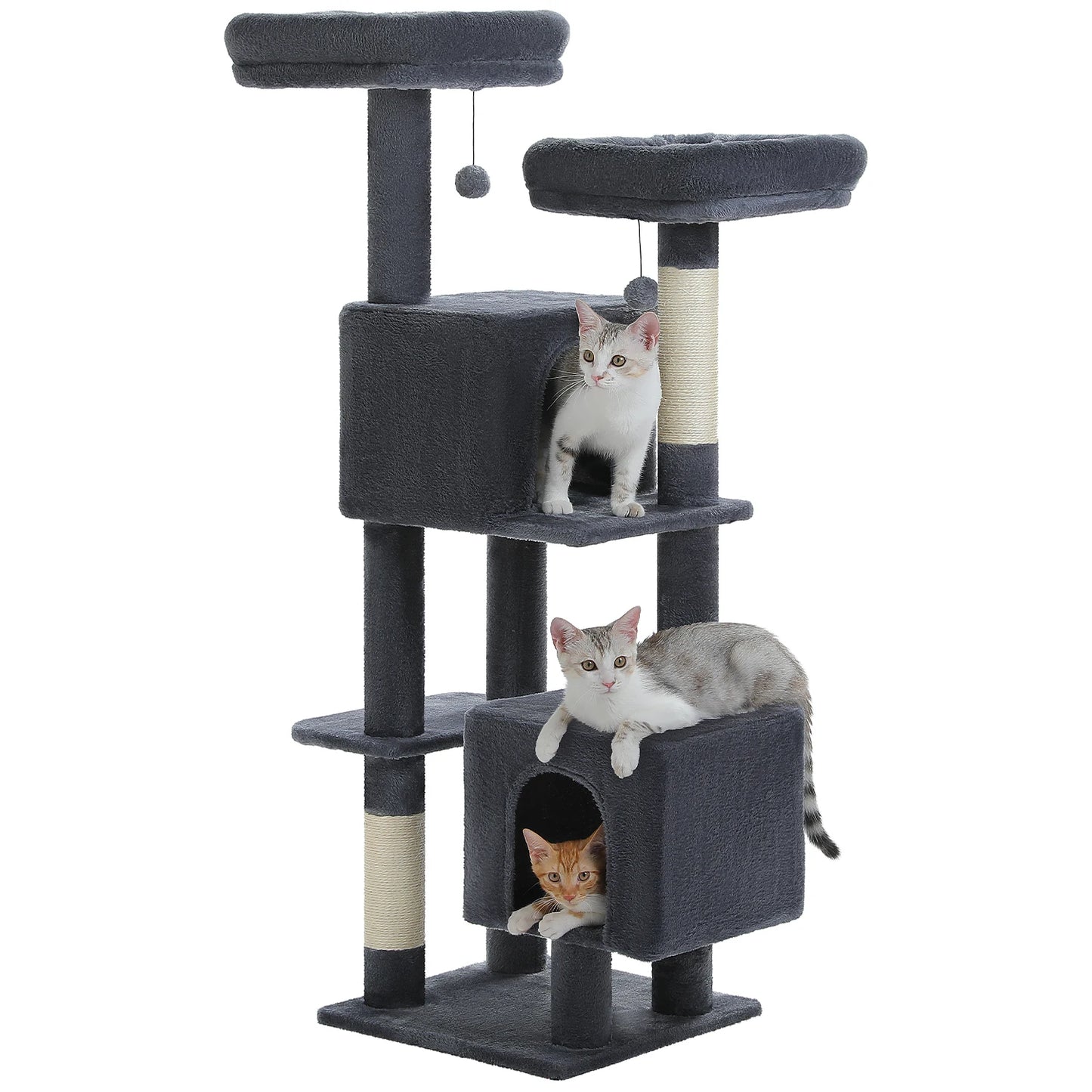 Arbre à chat cactus de 133 cm pour chats d’intérieur avec 2 perchoirs rembourrés, 2 condos douillets, 2 poteaux à griffer en sisal et pompons suspendus remplaçables – aire de jeux multi-chats peu encombrante.