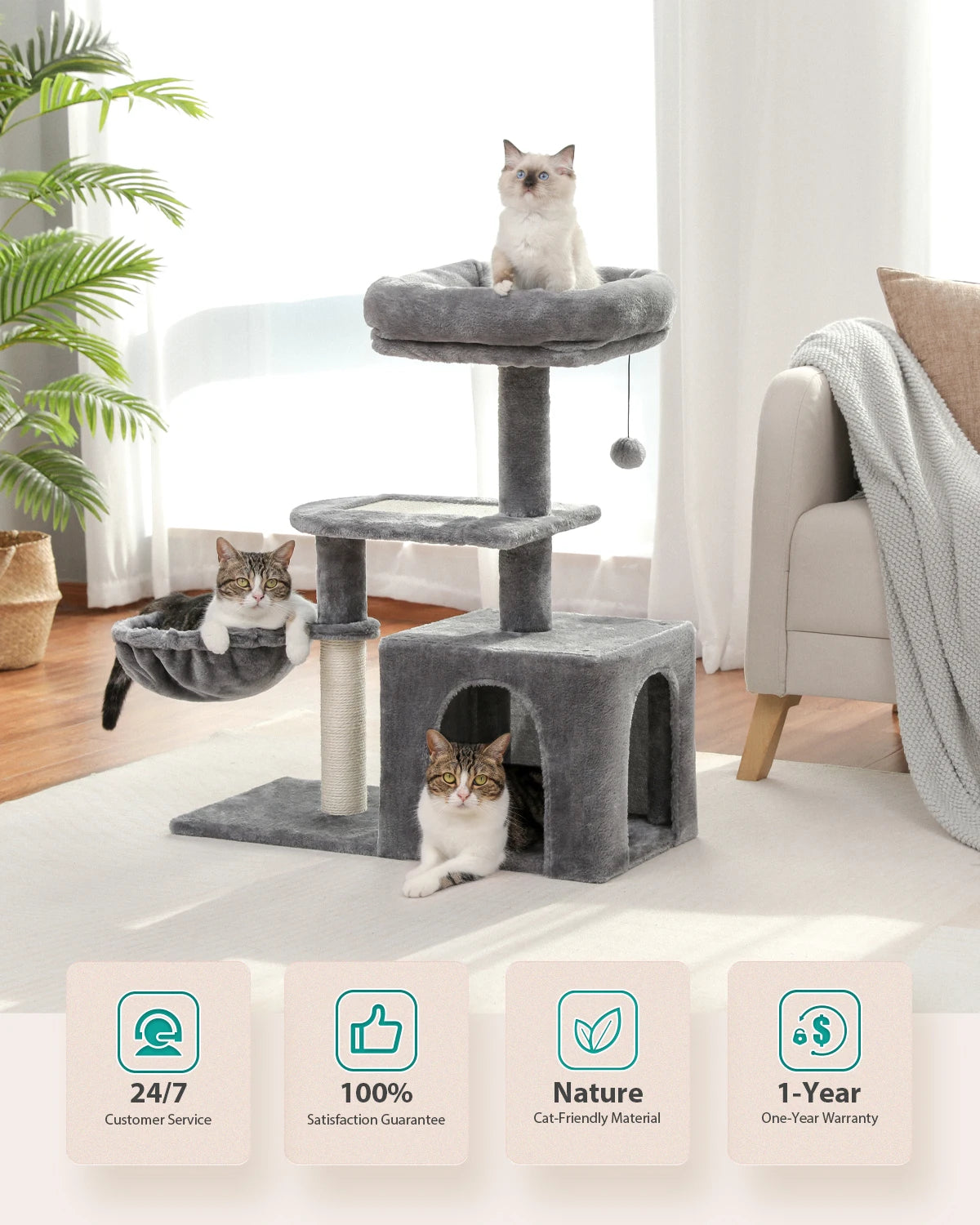 Tour pour chat réglable à 5 niveaux, du sol au plafond, avec poteaux à griffer en sisal, hamac en peluche et jouet suspendu – Design moderne en forme de cactus pour les jeux d'intérieur de plusieurs chats
