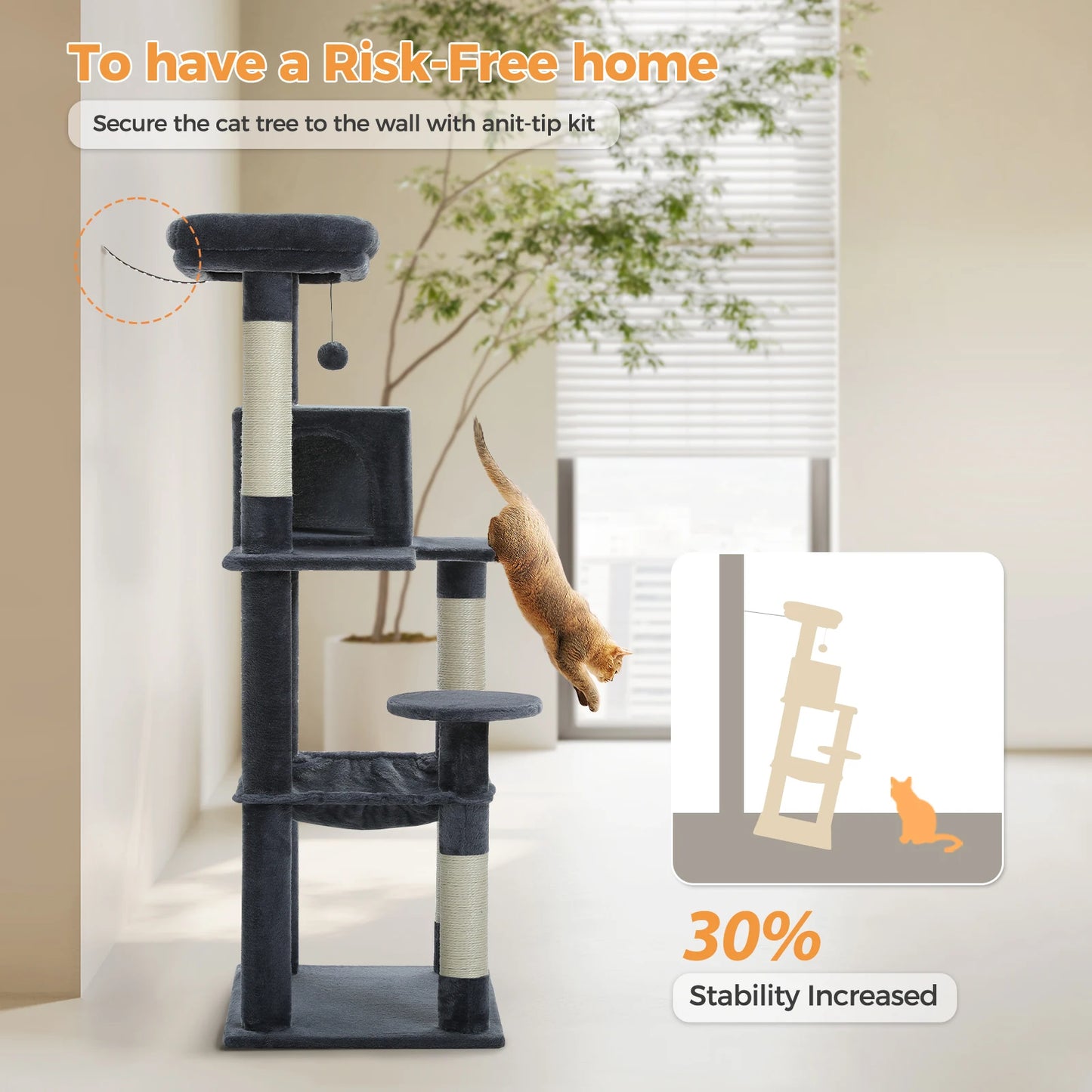 Tour d'arbre à chat à 5 niveaux pour grands chats avec hamac extra-large, niche confortable, poteaux à griffer en sisal et perchoir moelleux – Centre d'activités d'intérieur adapté aux chats lourds