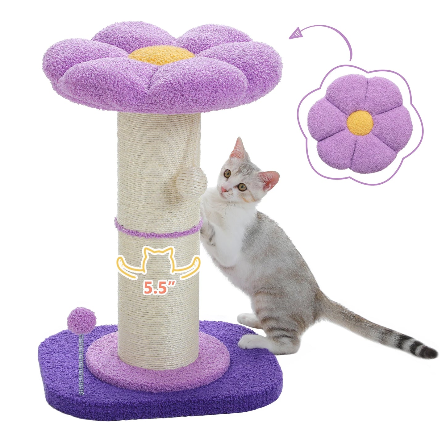 Arbre à chat fleur rose avec poteau à griffer en sisal naturel super épais, perchoir stable intérieur avec tapis et boules interactives.