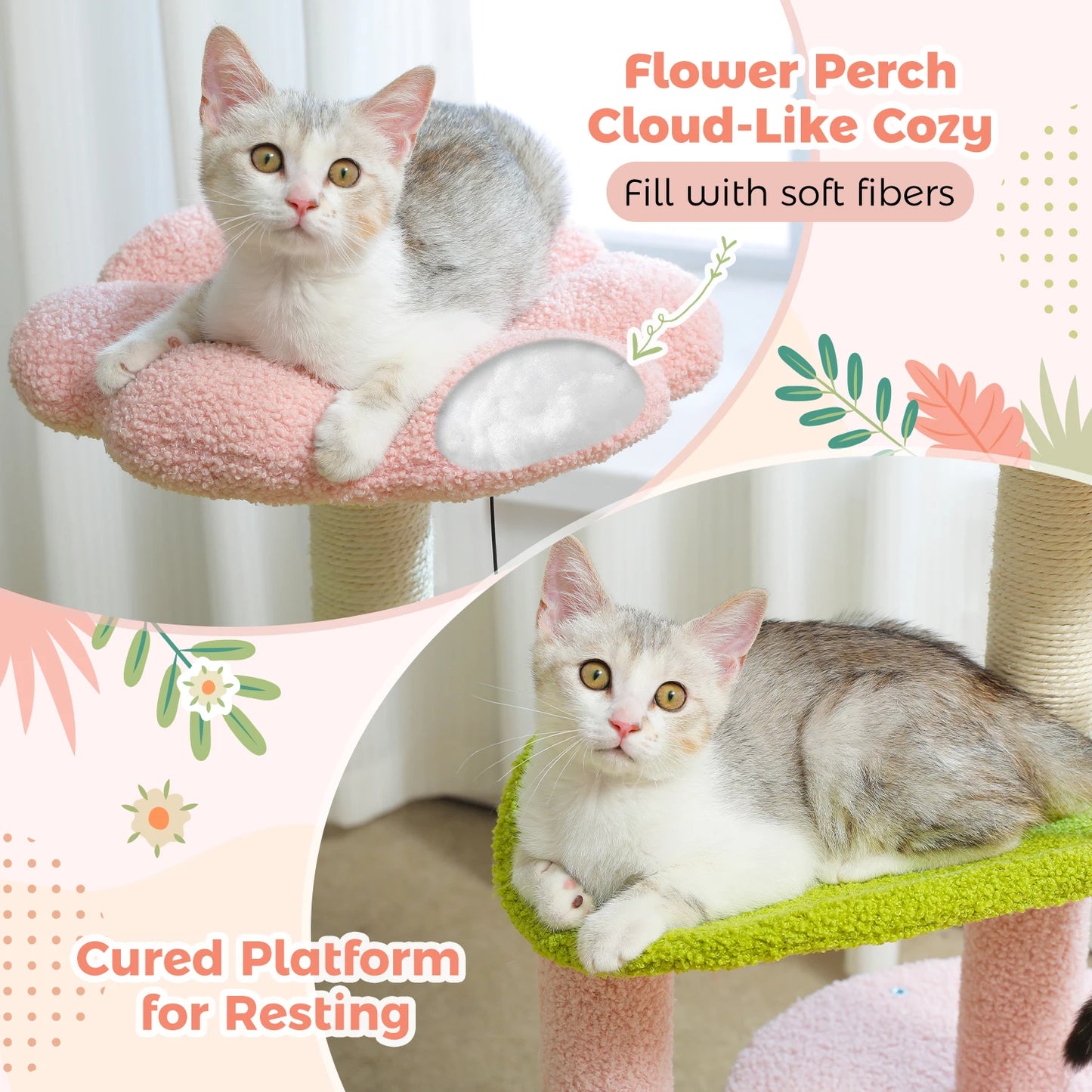 Arbre à chat cactus durable avec perchoir courbe, condo douillet, lit supérieur amovible, poteau à griffer en sisal naturel, tour pour chat d'intérieur.