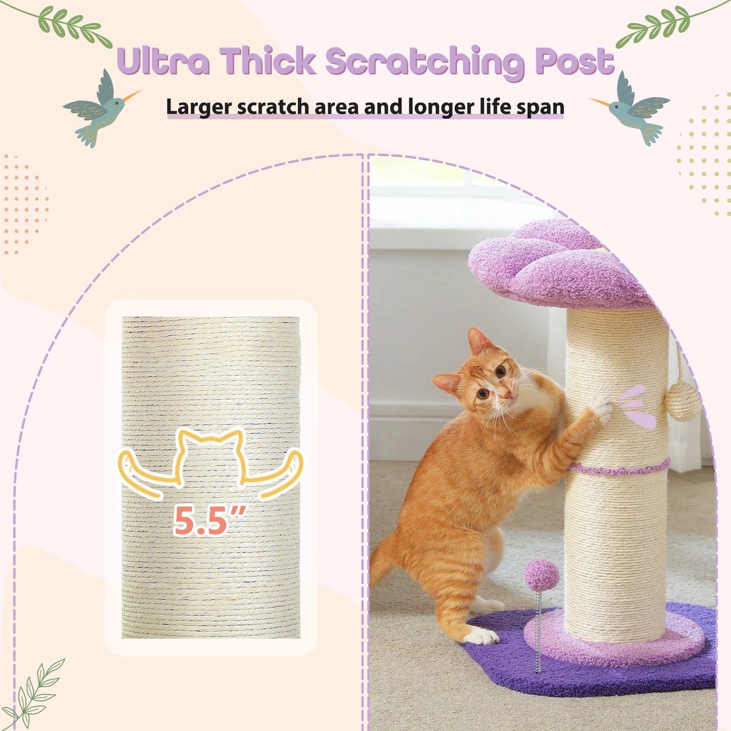 Arbre à chat fleur rose avec poteau à griffer en sisal naturel super épais, perchoir stable intérieur avec tapis et boules interactives.