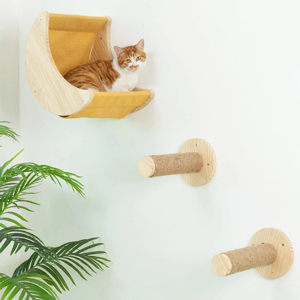 Ensemble d’étagères murales pour chat en forme de lune avec hamac, perchoirs, échelle et marches en bois massif – mobilier d’escalade intérieur élégant pour chat, pour l’activité, le repos et le jeu.
