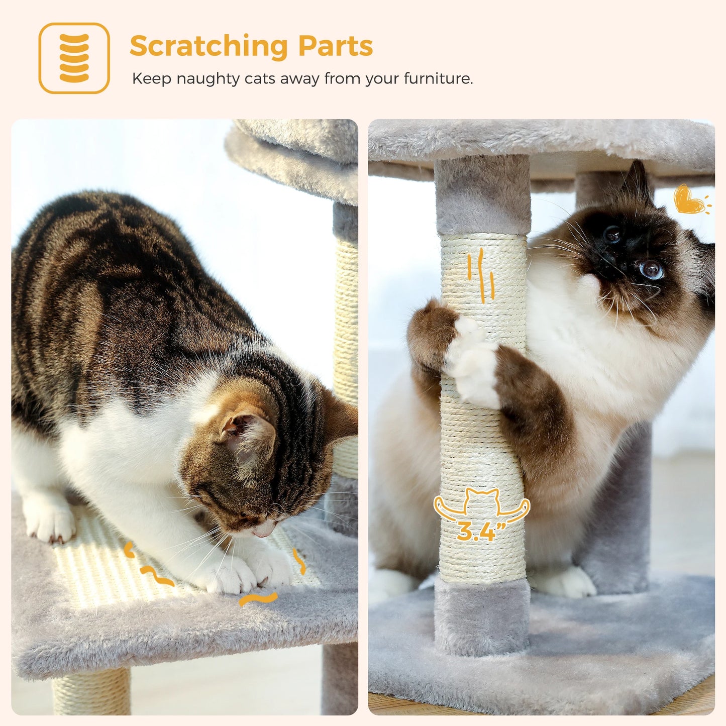 Tour pour chat réglable à 5 niveaux, du sol au plafond, avec poteaux à griffer en sisal, hamac en peluche et jouet suspendu – Design moderne en forme de cactus pour les jeux d'intérieur de plusieurs chats