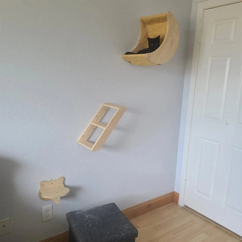 Ensemble d’étagères murales pour chat en forme de lune avec hamac, perchoirs, échelle et marches en bois massif – mobilier d’escalade intérieur élégant pour chat, pour l’activité, le repos et le jeu.