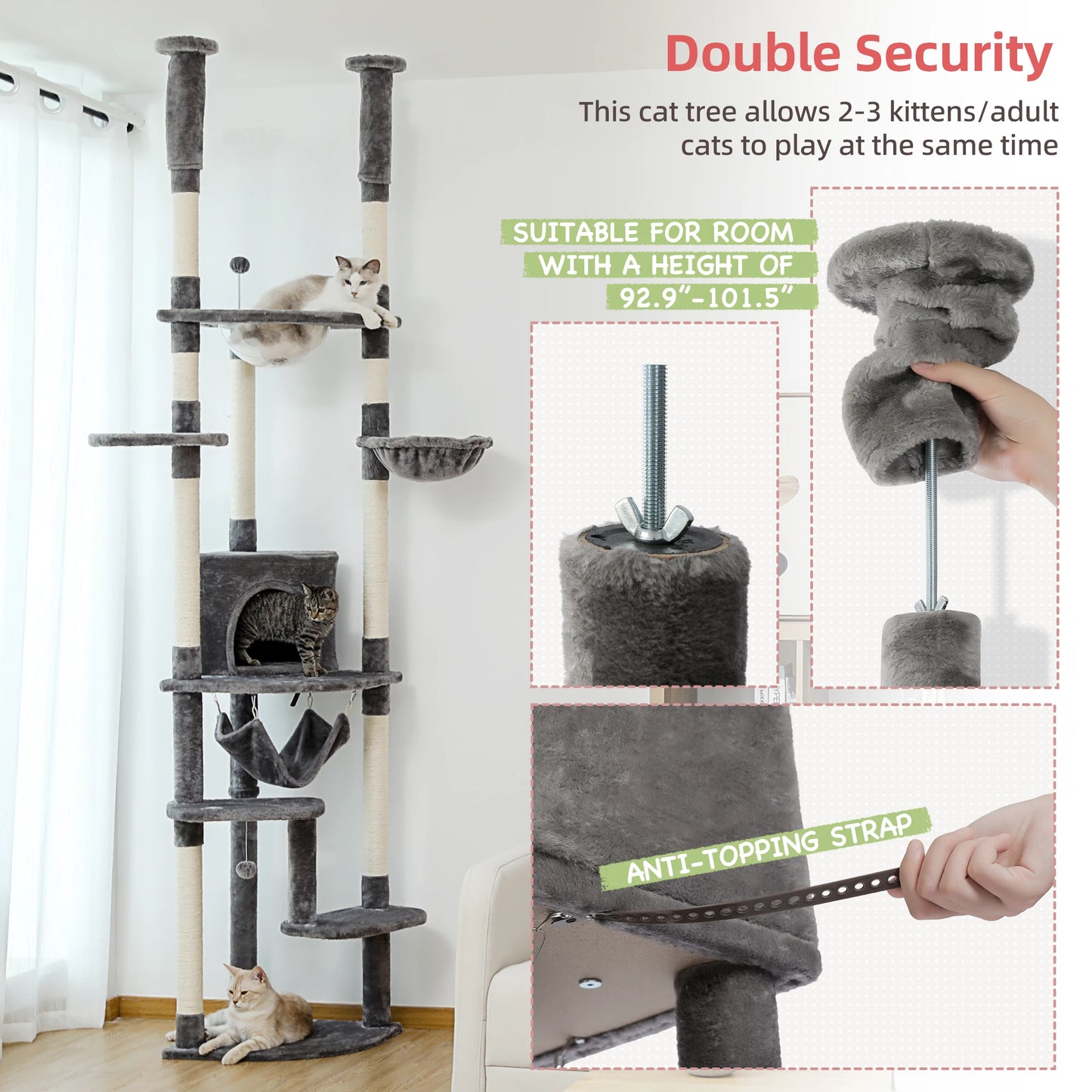 Arbre à chat réglable du sol au plafond avec 9 poteaux à griffer en sisal, condo douillet, hamac en peluche, perchoirs et balle à ressort – grand centre d’activité vertical multi-chats idéal pour les grandes famille