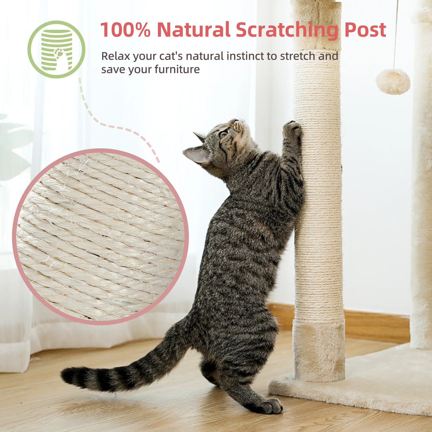 Arbre à chat réglable du sol au plafond avec 9 poteaux à griffer en sisal, condo douillet, hamac en peluche, perchoirs et balle à ressort – grand centre d’activité vertical multi-chats idéal pour les grandes famille