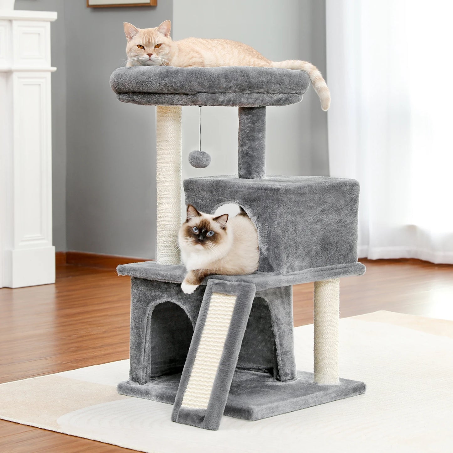 Arbre à chat de luxe tout-en-un avec 2 condos spacieux, grand hamac, perchoir rembourré, poteaux à griffer et rampe – Centre robuste de jeu et de repos multi-chats pour gros chats avec sangle de sécurité.