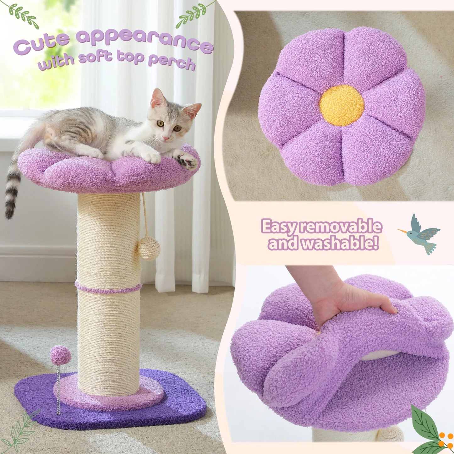Arbre à chat fleur rose avec poteau à griffer en sisal naturel super épais, perchoir stable intérieur avec tapis et boules interactives.