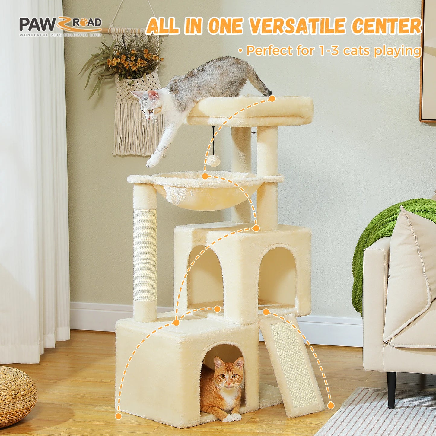 Arbre à chat de luxe tout-en-un avec 2 condos spacieux, grand hamac, perchoir rembourré, poteaux à griffer et rampe – Centre robuste de jeu et de repos multi-chats pour gros chats avec sangle de sécurité.