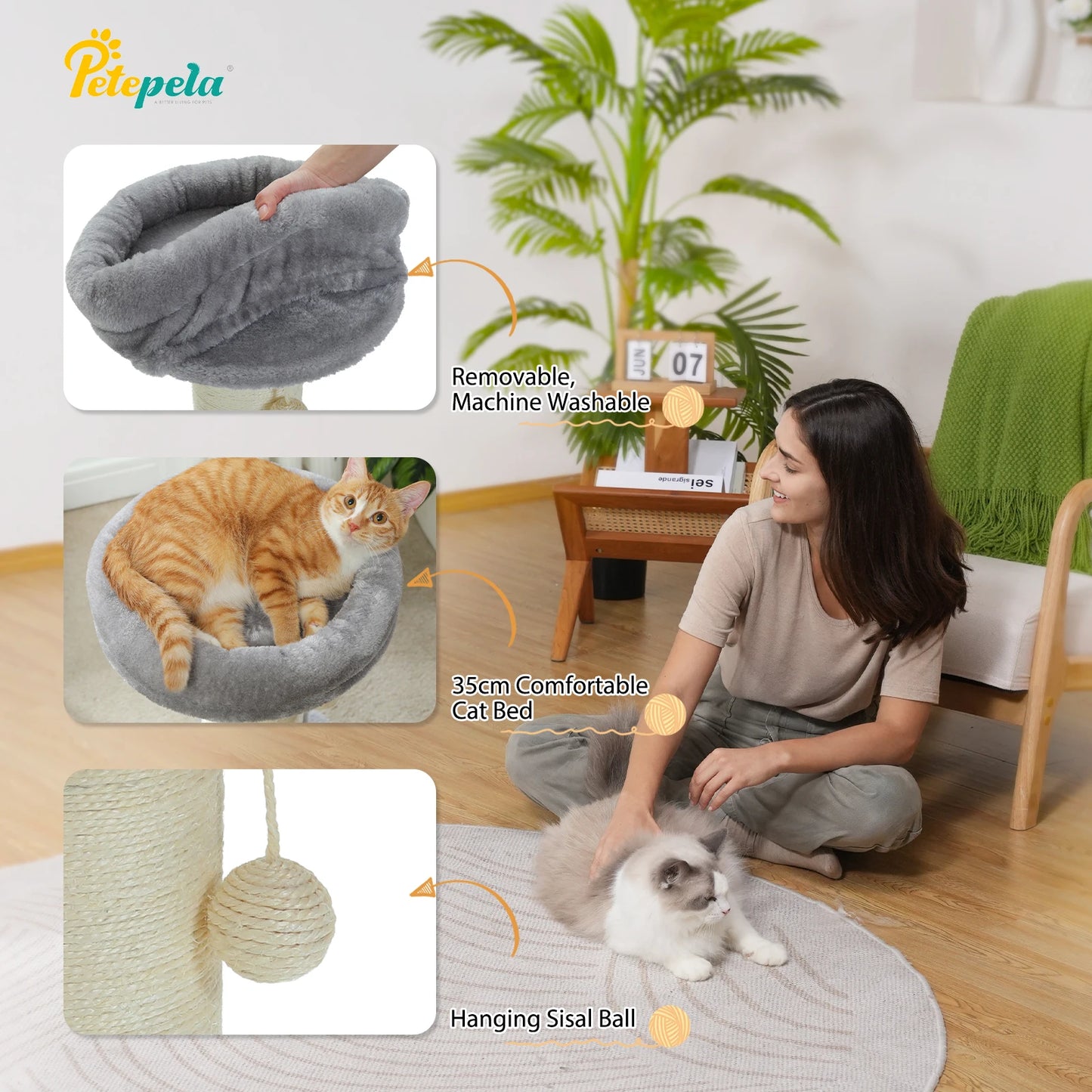 Arbre à chat fleur rose avec poteau à griffer en sisal naturel super épais, perchoir stable intérieur avec tapis et boules interactives.