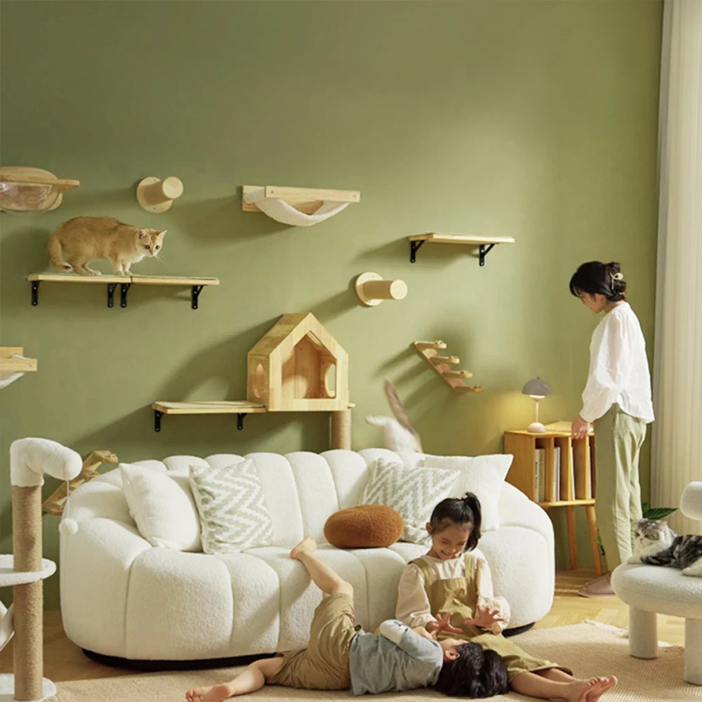 Meuble mural pour chat avec étagère flottante, poteau à griffer en sisal, perchoirs d’escalade, hamac douillet et marches murales – aire de jeux intérieure verticale pour chat, peu encombrante, pour dormir, jouer et s