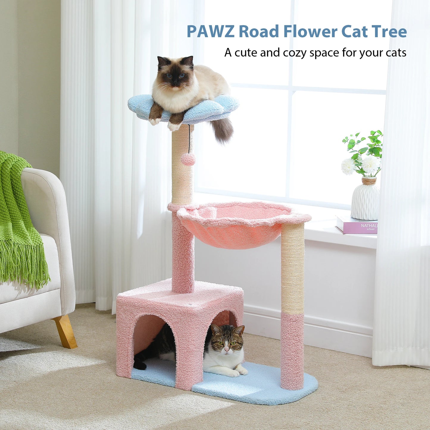 Arbre à chat fleuri avec grand hamac à cadre métallique, poteaux à griffer en sisal et perchoir rose – tour à chat stable, facile à nettoyer, avec condo spacieux à deux portes, idéal pour petits chats en intérieur.
