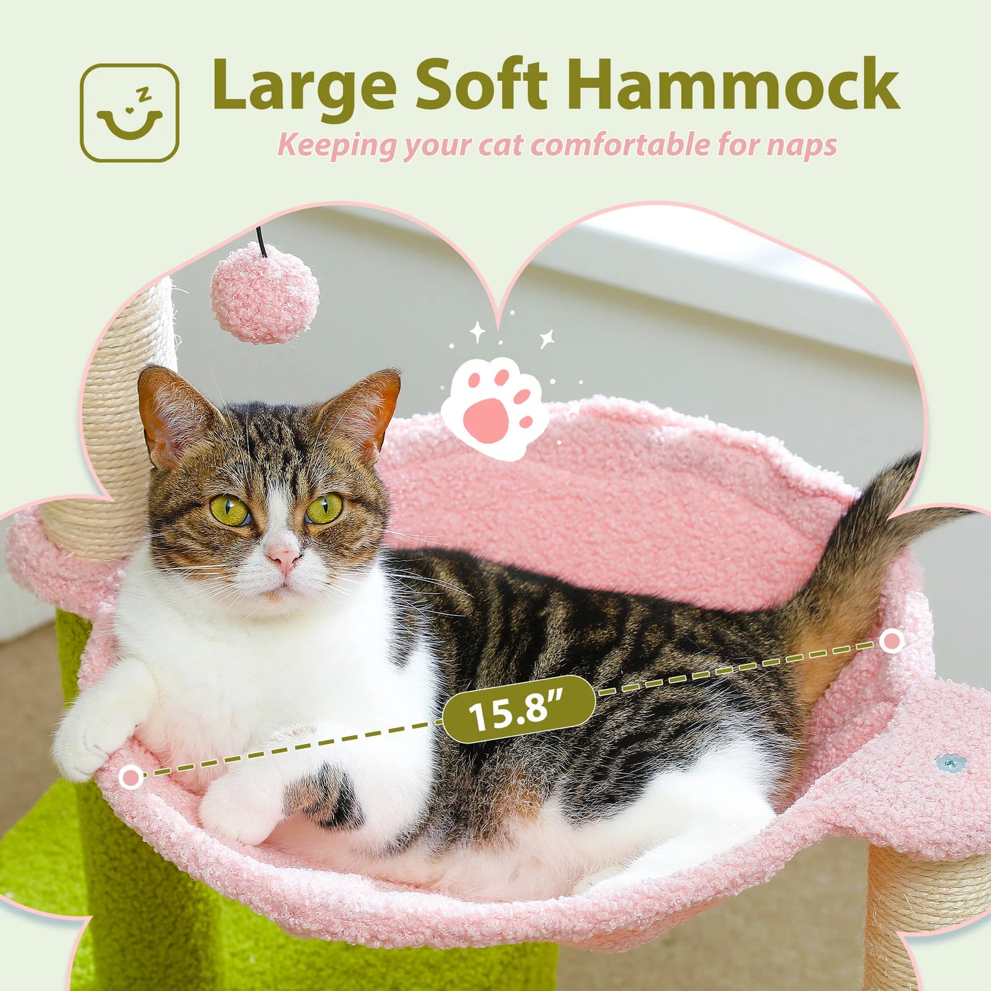 Arbre à chat fleuri avec grand hamac à cadre métallique, poteaux à griffer en sisal et perchoir rose – tour à chat stable, facile à nettoyer, avec condo spacieux à deux portes, idéal pour petits chats en intérieur.