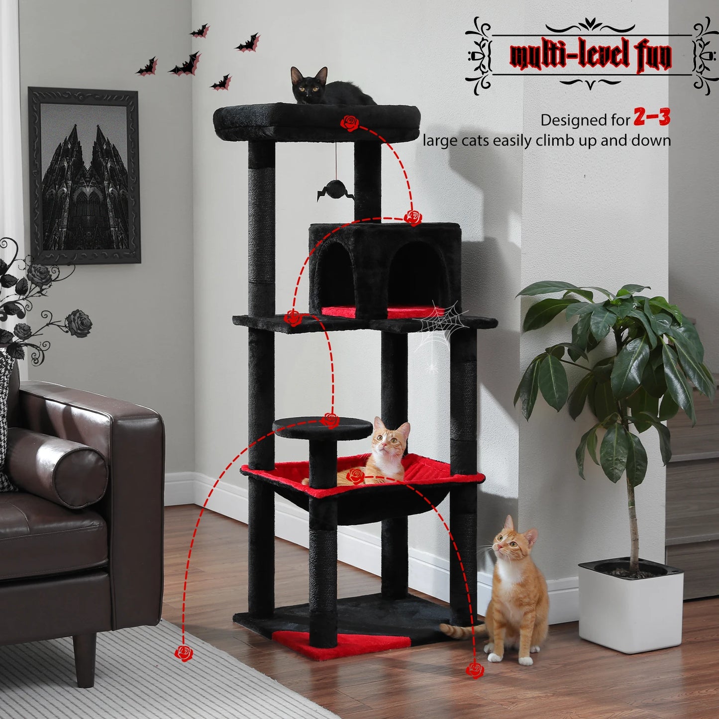Gratte-ciel pour chats de style gothique avec hamac extra grand, poteau à griffer recouvert de sisal, condo confortable et perchoir supérieur en peluche – aire de jeux intérieure pour chats peu encombrante.