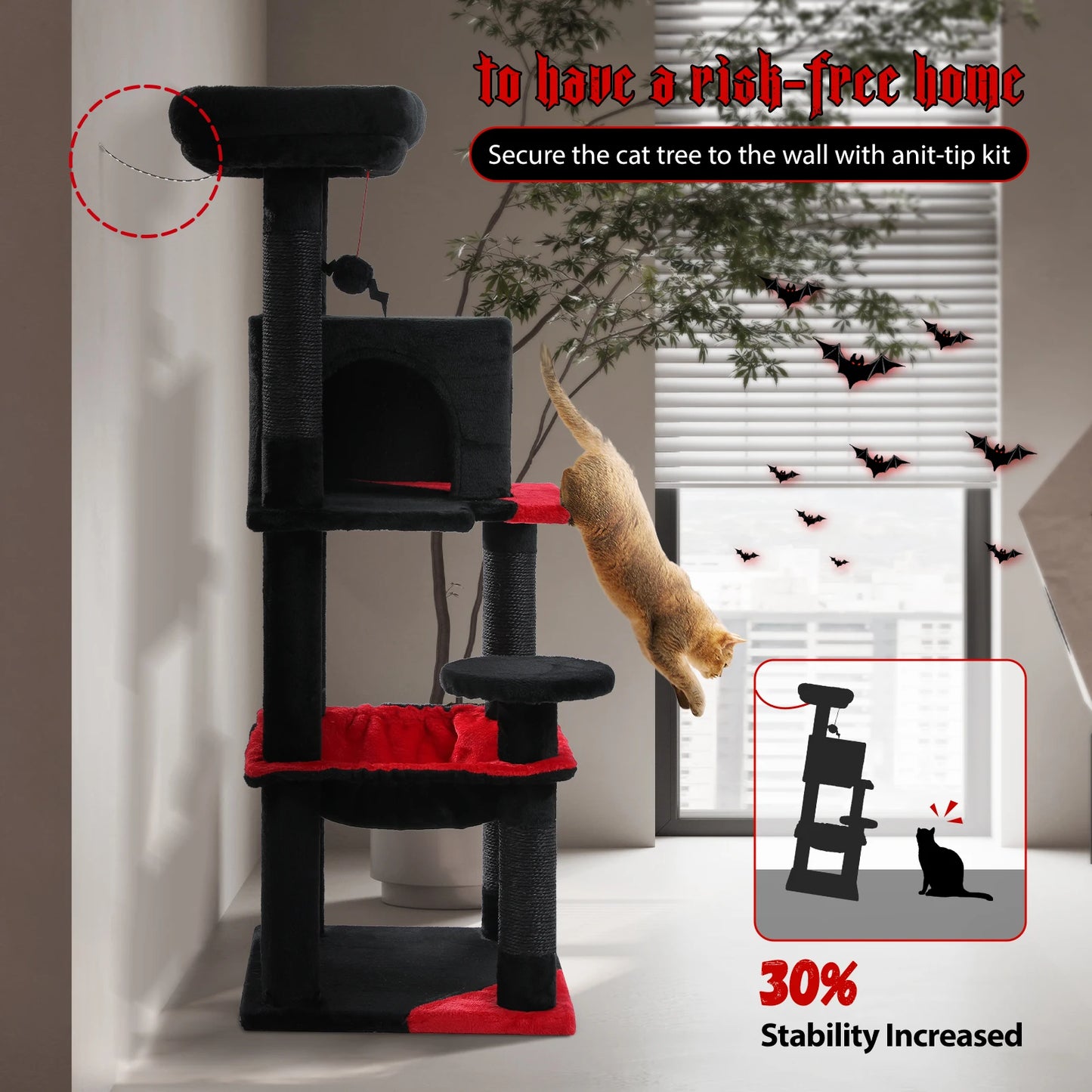 Gratte-ciel pour chats de style gothique avec hamac extra grand, poteau à griffer recouvert de sisal, condo confortable et perchoir supérieur en peluche – aire de jeux intérieure pour chats peu encombrante.