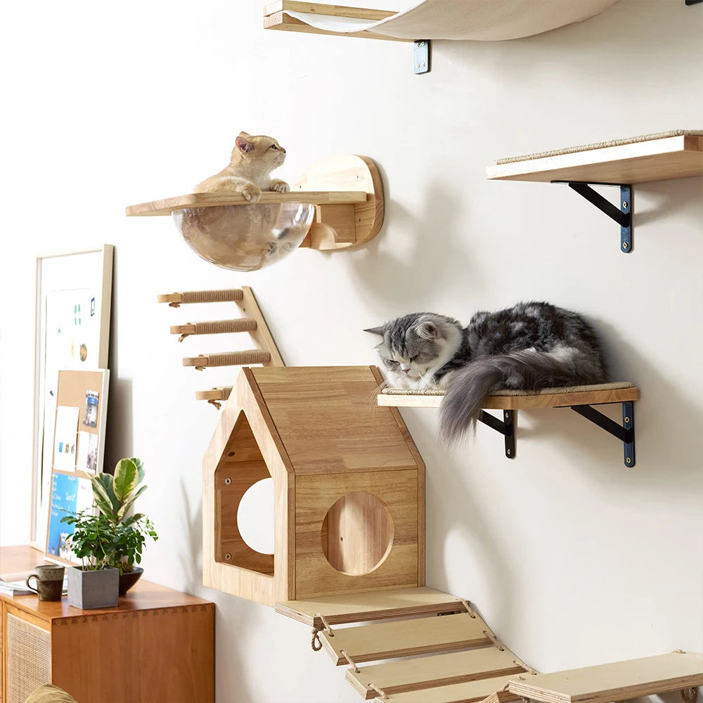 Meuble mural pour chat avec étagère flottante, poteau à griffer en sisal, perchoirs d’escalade, hamac douillet et marches murales – aire de jeux intérieure verticale pour chat, peu encombrante, pour dormir, jouer et s