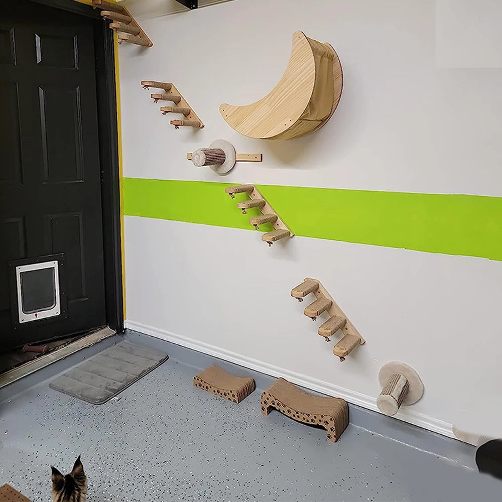 Meuble mural pour chat avec étagère flottante, poteau à griffer en sisal, perchoirs d’escalade, hamac douillet et marches murales – aire de jeux intérieure verticale pour chat, peu encombrante, pour dormir, jouer et s