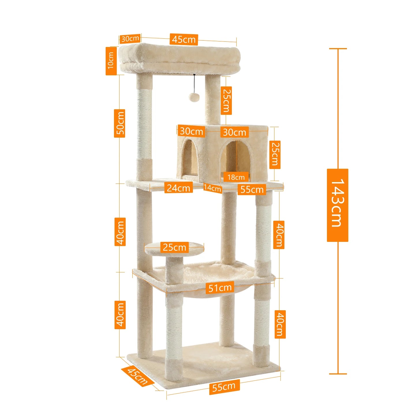 Tour d'arbre à chat à 5 niveaux pour grands chats avec hamac extra-large, niche confortable, poteaux à griffer en sisal et perchoir moelleux – Centre d'activités d'intérieur adapté aux chats lourds