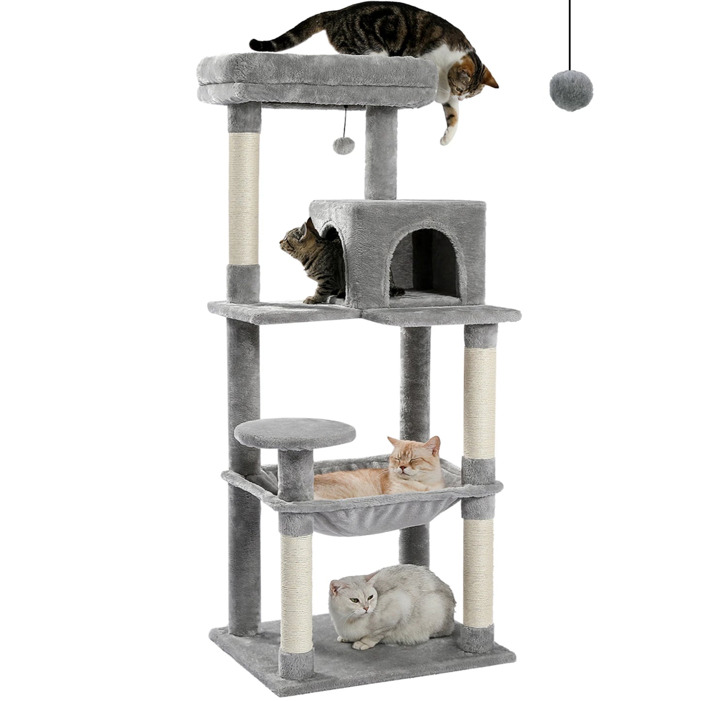 Tour d'arbre à chat à 5 niveaux pour grands chats avec hamac extra-large, niche confortable, poteaux à griffer en sisal et perchoir moelleux – Centre d'activités d'intérieur adapté aux chats lourds