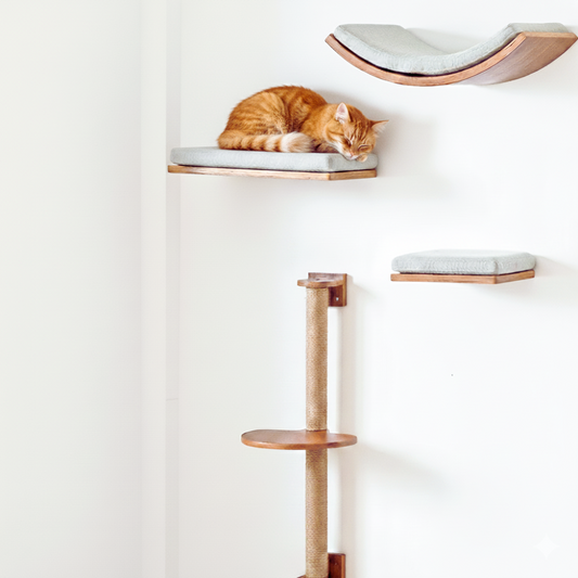 Arbre à chat mural en bois peu encombrant avec marches, échelle et hamac