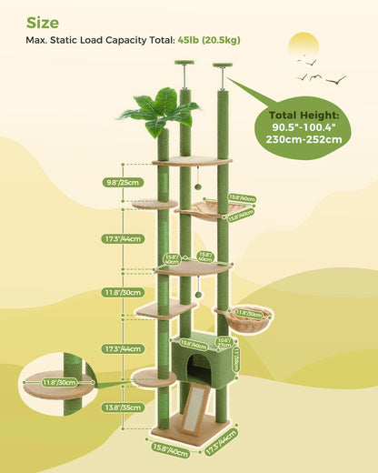 Arbre à chat Cactus réglable en hauteur, du sol au plafond, avec niche, hamac confortable et griffoirs – Arbre d'activité d'intérieur multi-chats peu encombrant