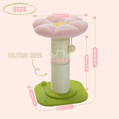 Arbre à chat fleur rose avec poteau à griffer en sisal naturel super épais, perchoir stable intérieur avec tapis et boules interactives.
