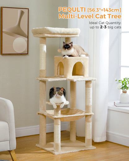Tour d'arbre à chat à 5 niveaux pour grands chats avec hamac extra-large, niche confortable, poteaux à griffer en sisal et perchoir moelleux – Centre d'activités d'intérieur adapté aux chats lourds