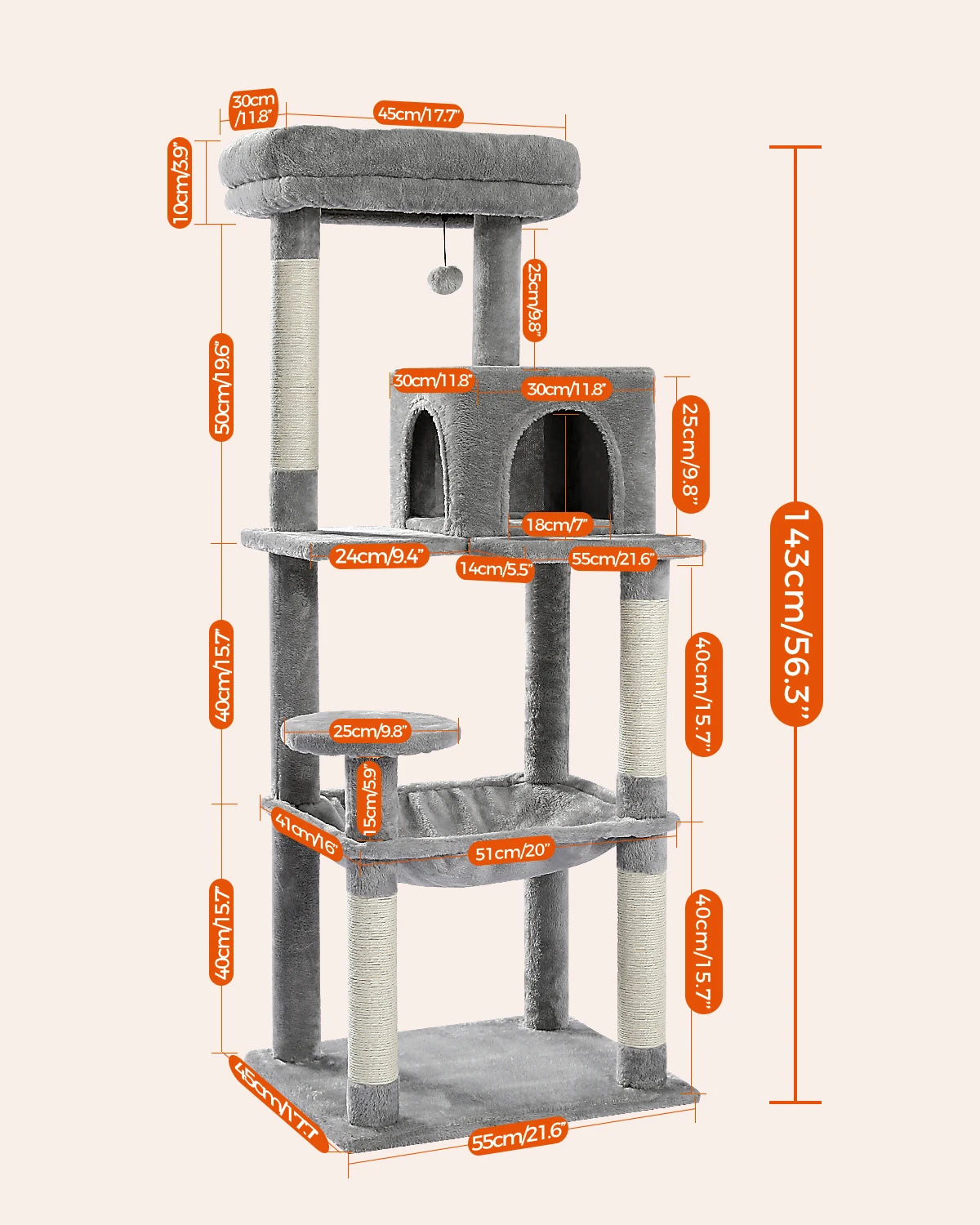 Tour d'arbre à chat à 5 niveaux pour grands chats avec hamac extra-large, niche confortable, poteaux à griffer en sisal et perchoir moelleux – Centre d'activités d'intérieur adapté aux chats lourds