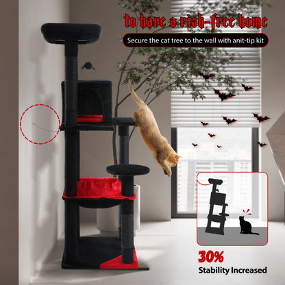 Gratte-ciel pour chats de style gothique avec hamac extra grand, poteau à griffer recouvert de sisal, condo confortable et perchoir supérieur en peluche – aire de jeux intérieure pour chats peu encombrante.