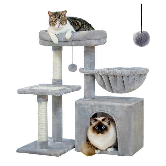 Tour pour chat réglable à 5 niveaux, du sol au plafond, avec poteaux à griffer en sisal, hamac en peluche et jouet suspendu – Design moderne en forme de cactus pour les jeux d'intérieur de plusieurs chats