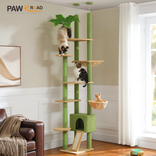 Arbre à chat Cactus réglable en hauteur, du sol au plafond, avec niche, hamac confortable et griffoirs – Arbre d'activité d'intérieur multi-chats peu encombrant